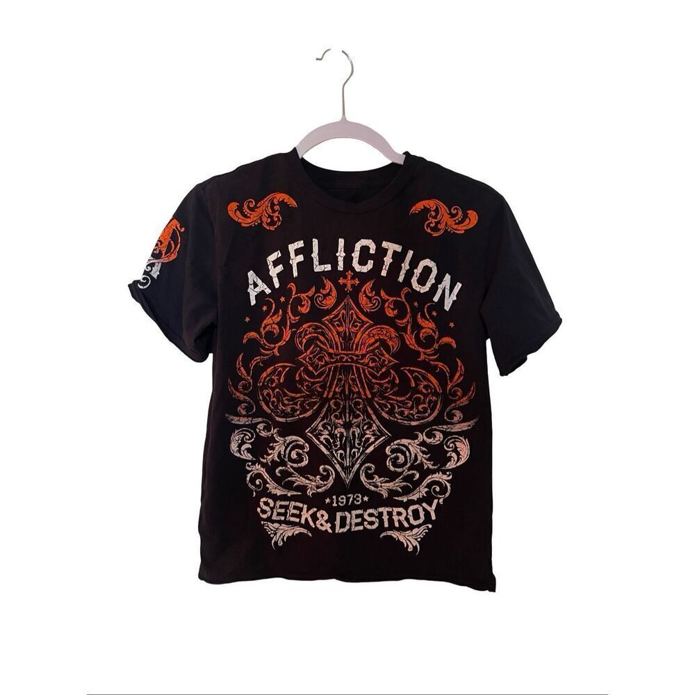 Affliction Mens Black Orange 1973 Seek & Destroy Graphic T-Shirt Medium